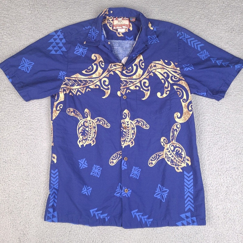 Vintage RJC Hawaiian Shirt Mens Large Blue Tribal Turtle Button‎ Down USA Made